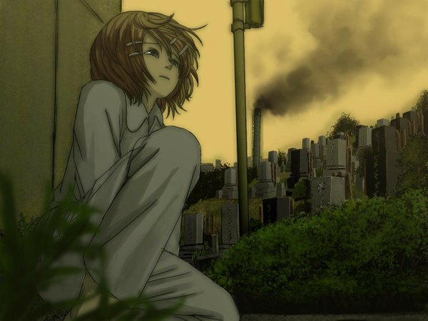 Anime picture 1400x1050 with vocaloid kagamine rin horuda single short hair blue eyes blonde hair sitting smoke girl hair ornament hairclip cemetery