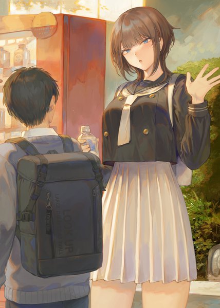 Anime picture 1497x2097 with original oomikado himari mashuu (neko no oyashiro) tall image fringe short hair open mouth blue eyes brown hair standing holding payot looking away outdoors blunt bangs long sleeves head tilt pleated skirt arm up :o