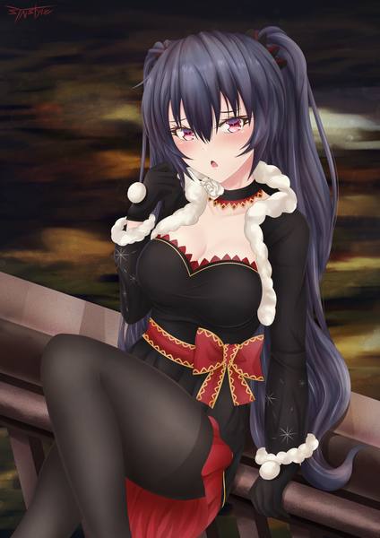Anime picture 1059x1500 with choujigen game neptune noire syn (synstyle) single long hair tall image looking at viewer blush fringe breasts open mouth light erotic black hair hair between eyes twintails signed cleavage bent knee (knees) long sleeves pink eyes