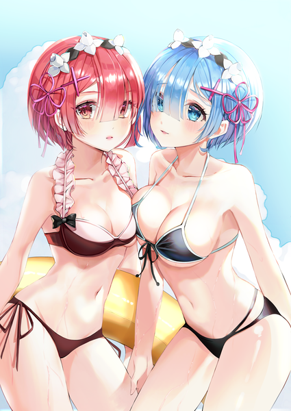 Anime picture 2363x3334 with re:zero kara hajimeru isekai seikatsu white fox rem (re:zero) ram (re:zero) buri (retty9349) tall image looking at viewer blush fringe highres short hair breasts blue eyes light erotic hair between eyes red eyes large breasts standing bare shoulders multiple girls