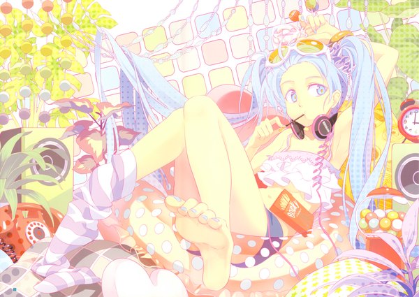 Anime picture 9870x7000 with vocaloid hatsune miku osamu (jagabata) single long hair highres twintails looking away absurdres lying very long hair nail polish barefoot aqua eyes scan aqua hair midriff legs soles eating