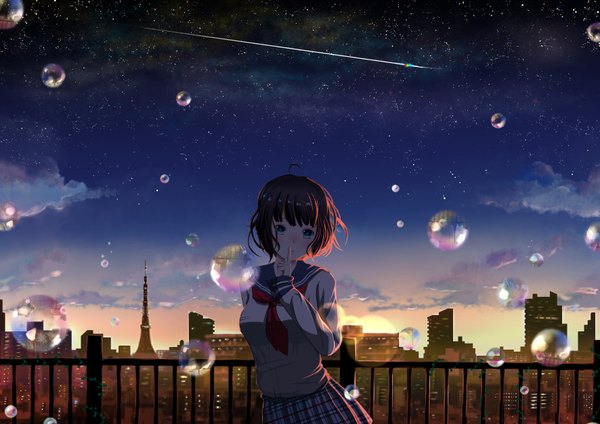 Anime picture 3541x2508 with original ari foro single looking at viewer fringe highres short hair blue eyes black hair standing absurdres sky cloud (clouds) outdoors head tilt wind finger to mouth evening horizon arm behind back