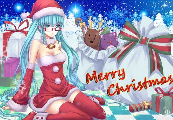 Anime picture 1500x1043 with vocaloid hatsune miku infukun twintails very long hair aqua eyes aqua hair christmas checkered floor floor merry christmas girl thighhighs bow black thighhighs detached sleeves glasses bell toy stuffed animal