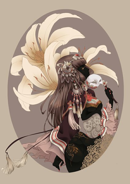 Anime picture 604x854 with original fumiko (vici) single long hair tall image brown hair holding yellow eyes nail polish profile dark skin girl hair ornament flower (flowers) mask gears