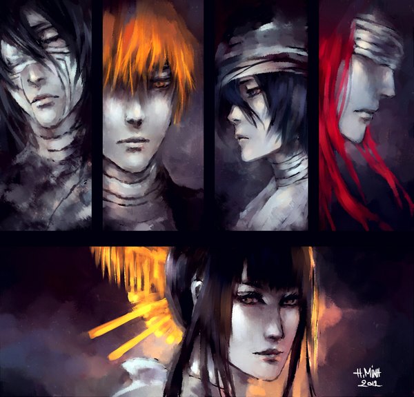 Anime picture 1500x1441 with bleach studio pierrot kurosaki ichigo kuchiki rukia kuchiki byakuya abarai renji shutara senjumaru nanfe long hair short hair black hair multiple girls brown eyes blue hair red hair eyes closed profile lips orange hair multiple boys