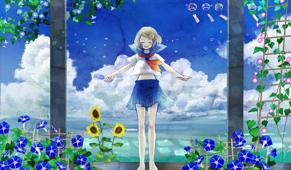 Anime picture 1000x584 with original aiha-deko single short hair open mouth wide image sky cloud (clouds) eyes closed pleated skirt barefoot hair flower spread arms girl skirt uniform hair ornament flower (flowers) school uniform food