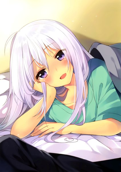 Anime picture 2473x3500 with mishima kurone single long hair tall image looking at viewer highres purple eyes white hair lying scan on side girl blouse