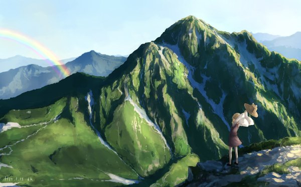 Anime picture 1637x1020 with touhou moriya suwako yushika single short hair blue eyes blonde hair wide image mountain girl thighhighs dress hat white thighhighs rainbow