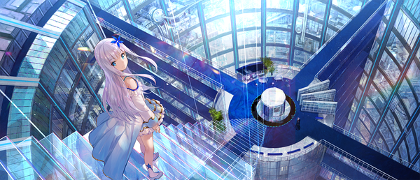 Anime picture 1500x645 with kenja no deshi wo nanoru kenja mira (kenja) fuzichoco long hair looking at viewer fringe blue eyes wide image standing payot white hair blunt bangs looking back from above wind turning head solo focus scenic girl dress
