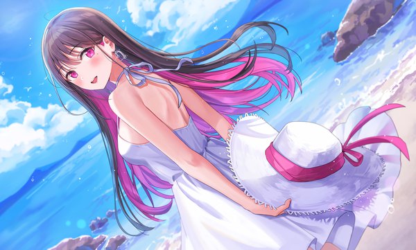 Anime picture 2492x1500 with original rangu single long hair looking at viewer blush fringe highres open mouth smile brown hair wide image standing pink hair sky cloud (clouds) outdoors blunt bangs :d pink eyes