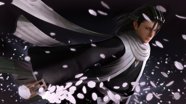 Anime picture 1280x720 with bleach studio pierrot kuchiki byakuya 108tooya single fringe black hair simple background hair between eyes wide image payot long sleeves traditional clothes japanese clothes lips blurry realistic wide sleeves grey eyes leaning
