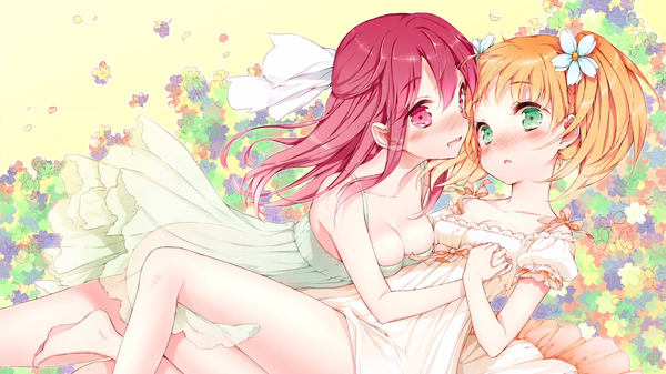 Anime picture 1280x720 with sakura trick studio deen takayama haruka sonoda yuu cuteg long hair looking at viewer blush short hair breasts open mouth light erotic blonde hair wide image large breasts twintails multiple girls green eyes pink hair cleavage