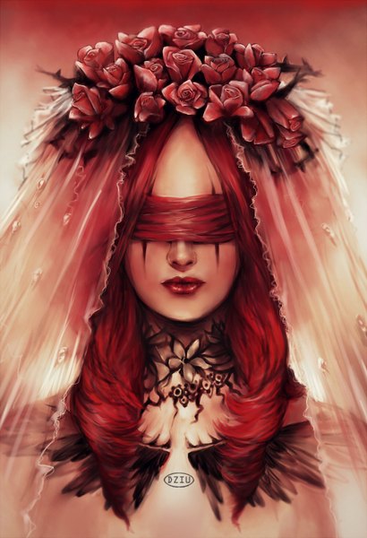 Anime picture 1000x1464 with original dziu09 single long hair tall image red hair eyes closed inscription tattoo lipstick girl flower (flowers) rose (roses)