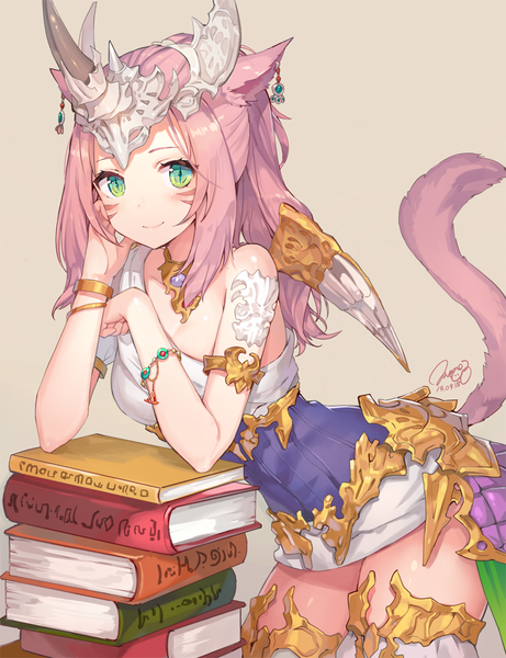 Anime picture 800x1040 with final fantasy final fantasy xiv square enix miqo'te momoko (momopoco) single long hair tall image looking at viewer simple background smile standing bare shoulders green eyes signed animal ears pink hair ponytail tail animal tail