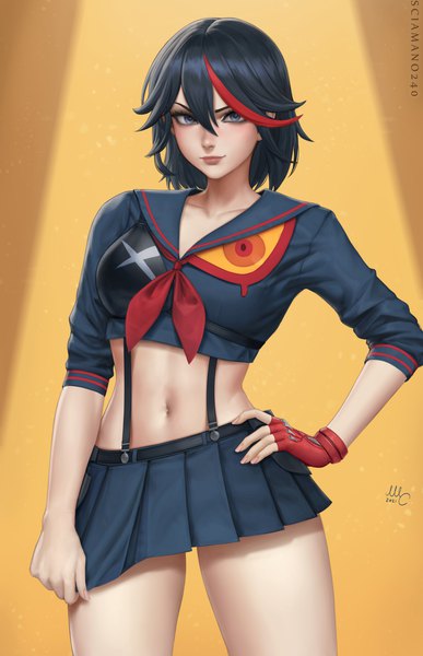 Anime picture 1933x3000 with kill la kill studio trigger matoi ryuuko sciamano240 single tall image looking at viewer fringe highres short hair breasts blue eyes black hair simple background hair between eyes standing signed pleated skirt multicolored hair fingernails