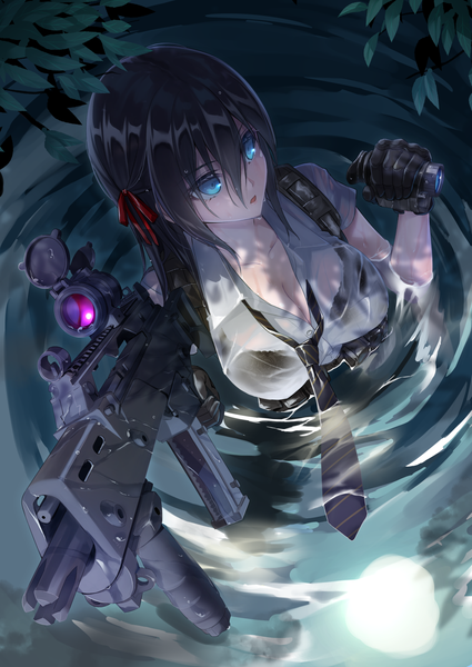 Anime picture 1500x2116 with original meso-meso single long hair tall image fringe breasts open mouth blue eyes light erotic black hair hair between eyes large breasts holding looking away cleavage outdoors from above wet partially submerged