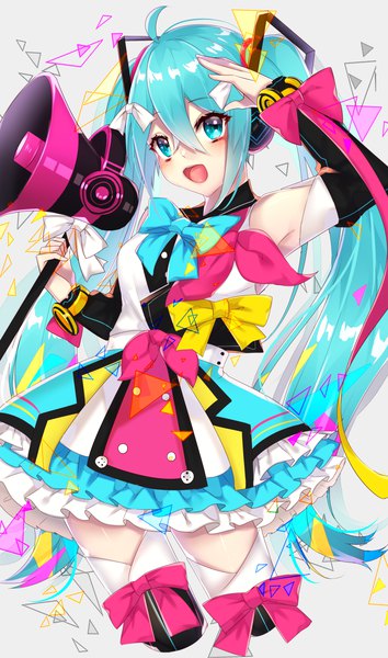 Anime picture 2495x4222 with vocaloid magical mirai (vocaloid) hatsune miku magical mirai miku magical mirai miku (2018) motsuni (lxxe1120) single tall image looking at viewer fringe highres open mouth hair between eyes twintails ahoge aqua eyes aqua hair frilled dress salute girl