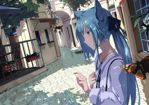 Anime picture 2656x1881 with original mikisai single long hair blush fringe highres open mouth hair between eyes standing purple eyes animal ears payot blue hair looking away upper body outdoors ponytail long sleeves profile