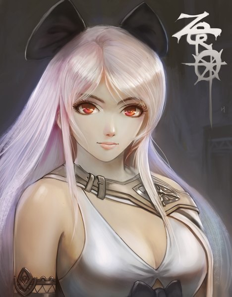Anime picture 1000x1283 with drakengard zero (drag-on dragoon) turewindwalker single long hair tall image looking at viewer breasts simple background red eyes bare shoulders animal ears pink hair white hair light smile realistic black background dark background girl bow