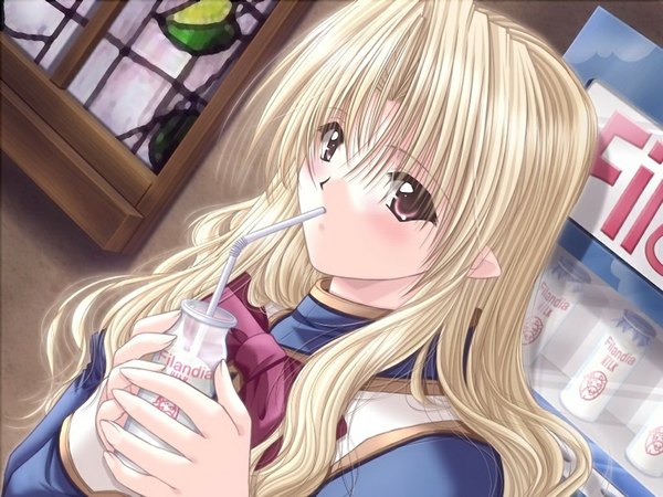 Anime picture 1024x768 with man at work 3 (game) single long hair blonde hair red eyes game cg girl milk