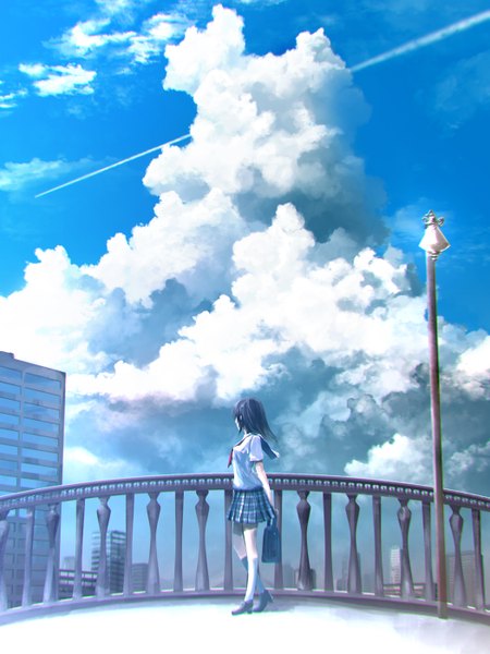 Anime picture 1050x1400 with original kouji (astral reverie) single tall image short hair black hair looking away sky cloud (clouds) city girl skirt uniform school uniform shirt socks white socks