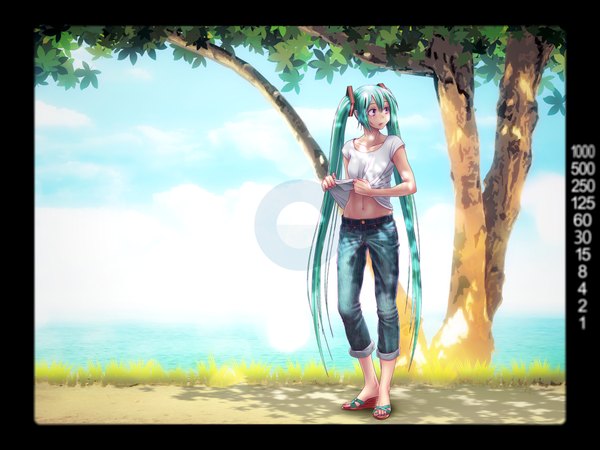 Anime picture 1024x768 with vocaloid hatsune miku wokada single open mouth twintails very long hair looking back aqua eyes aqua hair girl navel plant (plants) tree (trees) shoes jeans
