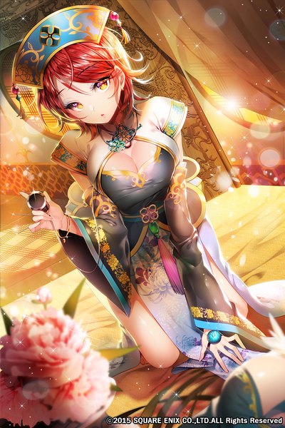 Anime picture 588x881 with original aile (crossroads) single tall image looking at viewer short hair open mouth cleavage red hair orange eyes girl dress flower (flowers) detached sleeves bed stethoscope