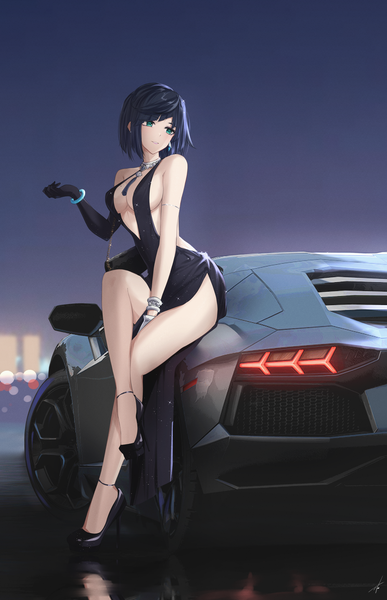 Anime picture 2610x4045 with genshin impact yelan (genshin impact) feint721 single tall image highres short hair breasts light erotic large breasts bare shoulders signed blue hair looking away sky full body bent knee (knees) outdoors parted lips head tilt