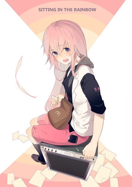 Anime picture 2952x4169 with vocaloid mcdonald's yamaha megurine luka ryuutsuki basetsu single long hair tall image looking at viewer blush fringe highres open mouth sitting purple eyes pink hair from above inscription alternate costume casual