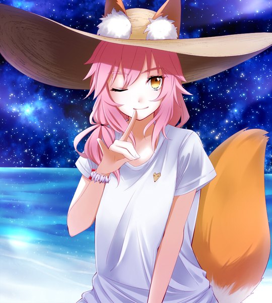 Anime picture 800x888 with fate (series) fate/grand order fate/extra tamamo (fate) (all) tamamo no mae (swimsuit lancer) (fate) hadukimiki single long hair tall image looking at viewer blush fringe smile hair between eyes brown eyes animal ears pink hair upper body tail animal tail