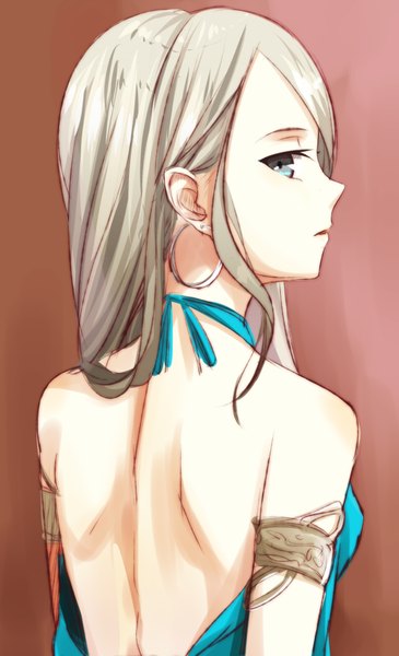 Anime picture 2500x4100 with koyaya (sorano) single long hair tall image highres open mouth blue eyes simple background blonde hair bare shoulders looking back back girl earrings bracelet