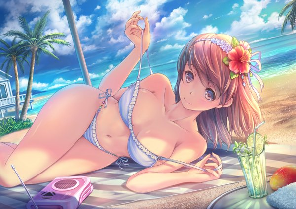 Anime picture 1228x868 with original soraizumi single long hair looking at viewer blush fringe breasts light erotic smile brown hair large breasts brown eyes sky cloud (clouds) lying hair flower beach on side horizon