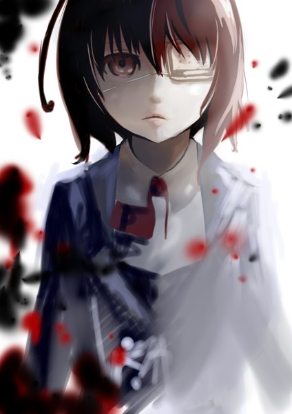 Anime picture 2480x3507 with another p.a. works misaki mei single tall image highres short hair black hair simple background red eyes girl eyepatch