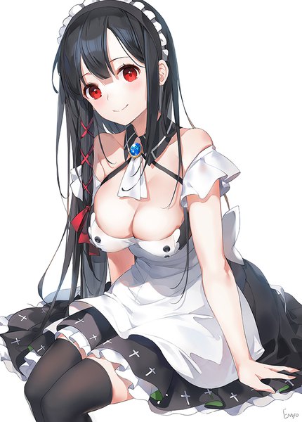 Anime picture 700x976 with original emyo single long hair tall image looking at viewer blush fringe breasts light erotic black hair simple background red eyes large breasts white background sitting bare shoulders signed payot cleavage