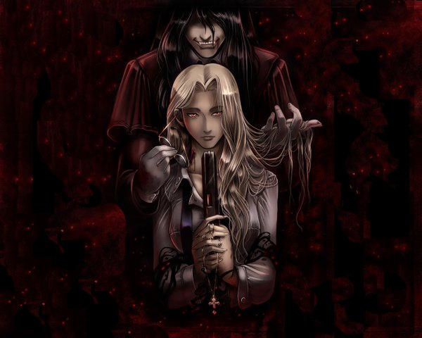 Anime picture 1280x1024 with hellsing alucard (hellsing) integra wingates hellsing long hair black hair blonde hair red eyes white hair teeth fang (fangs) red background hair over eyes girl boy glasses gun blood cross