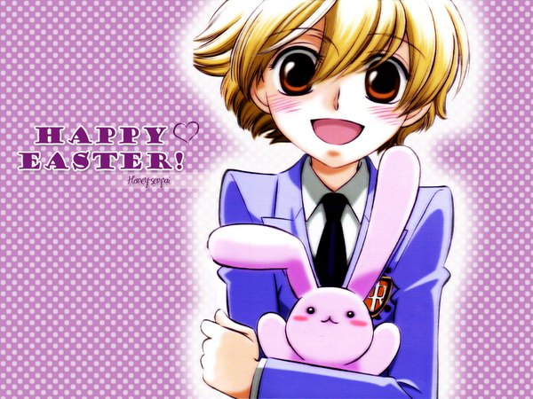 Anime picture 1600x1200 with ouran high school host club studio bones haninozuka mitsukuni blush short hair open mouth simple background blonde hair smile brown eyes hug boy uniform school uniform necktie toy stuffed animal stuffed rabbit