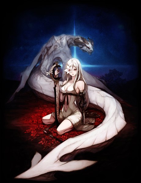 Anime picture 2000x2596 with drakengard drag-on dragoon 3 zero (drag-on dragoon) mikhail (drag-on dragoon) fujisaka kimihiko long hair tall image looking at viewer fringe highres breasts red eyes sitting cleavage outdoors white hair parted lips looking back horn (horns) night