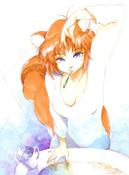 Anime picture 895x1212 with original hirokazu single tall image looking at viewer blush short hair blue eyes brown hair animal ears tail animal tail from above traditional media watercolor (medium) girl mug bathroom toothbrush