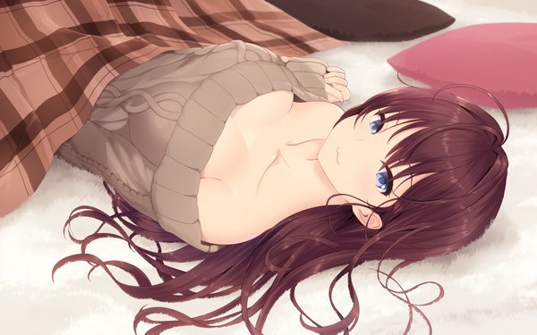 Anime picture 6142x3839 with idolmaster idolmaster cinderella girls ichinose shiki cait single long hair looking at viewer fringe highres breasts blue eyes light erotic brown hair bare shoulders absurdres cleavage ahoge lying off shoulder no bra