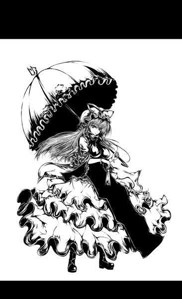 Anime picture 1100x1800 with touhou yakumo yukari acryl (artist) single long hair tall image simple background white background monochrome girl dress boots frills bonnet fan hat ribbon parasol