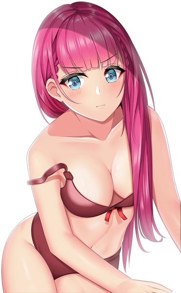 Anime picture 667x1077 with bokutachi wa benkyou ga dekinai kirisu mafuyu r3d single long hair tall image looking at viewer blush fringe breasts light erotic simple background white background bare shoulders pink hair blunt bangs braid (braids) aqua eyes bare belly bare legs