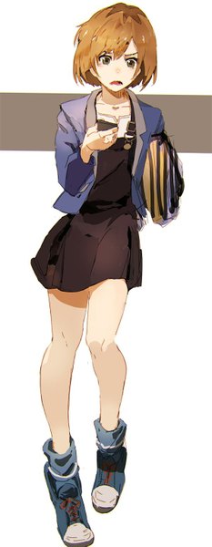 Anime picture 600x1545 with shirobako p.a. works miyamori aoi so-bin single tall image fringe short hair open mouth simple background brown hair white background black eyes looking down surprised girl boots mobile phone blazer