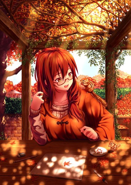 Anime picture 860x1214 with original nazu-na single long hair tall image blush fringe breasts open mouth large breasts sitting holding yellow eyes sky red hair long sleeves happy sunbeam autumn girl