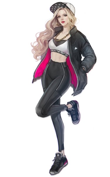 Anime picture 750x1200 with original eliz7 single long hair tall image simple background white background green eyes full body bent knee (knees) grey hair open clothes open jacket midriff lipstick wavy hair leg lift (legs lift) red lipstick hands in pockets star print