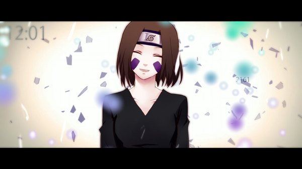 Anime picture 880x495 with naruto studio pierrot naruto (series) nohara rin yuduki.k single short hair open mouth smile wide image upper body eyes closed letterboxed ^ ^ face paint ^o^ girl forehead protector