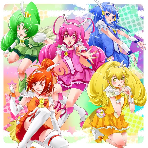 Anime picture 1200x1200 with precure smile precure! toei animation aoki reika kise yayoi midorikawa nao hoshizora miyuki hino akane (smile precure!) cure beauty cure peace cure happy cure march cure sunny long hair looking at viewer blush fringe open mouth blue eyes blonde hair