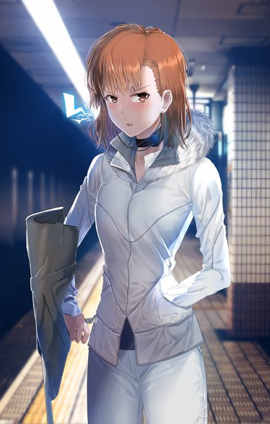 Anime picture 1278x2000 with to aru kagaku no railgun j.c. staff misaka mikoto extreeme33 single tall image looking at viewer blush fringe short hair breasts open mouth brown hair standing brown eyes indoors blurry depth of field fur trim light