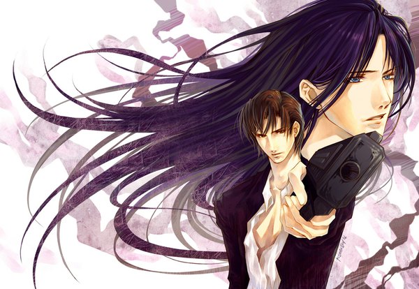 Anime picture 1000x691 with ecthelian long hair looking at viewer short hair blue eyes simple background brown hair white background brown eyes purple hair wind open clothes multiple boys open shirt partially open clothes boy ribbon (ribbons) shirt 2 boys pistol