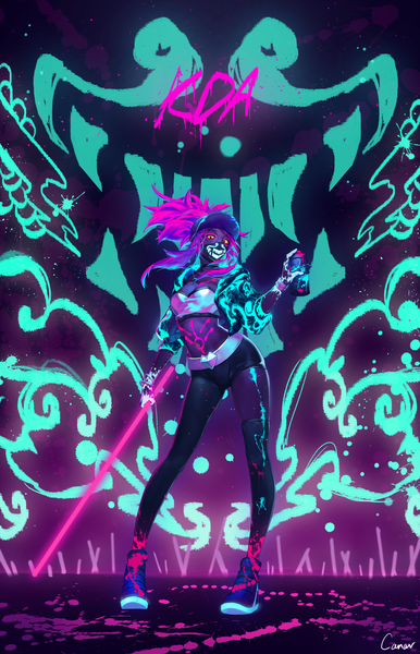 Anime picture 2384x3700 with league of legends k/da (league of legends) akali (league of legends) k/da akali canar single long hair tall image looking at viewer highres standing holding signed yellow eyes pink hair full body ponytail open jacket midriff ultraviolet light