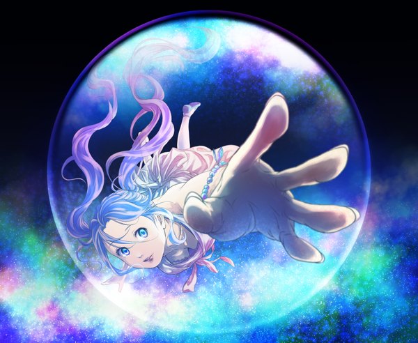 Anime picture 1700x1395 with original marichi single long hair looking at viewer blue eyes twintails blue hair dark background wavy hair girl dress bubble (bubbles) hand